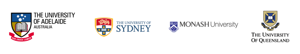 Logos for the Universities of Adelaide, Sydney, Monash and Queensland
